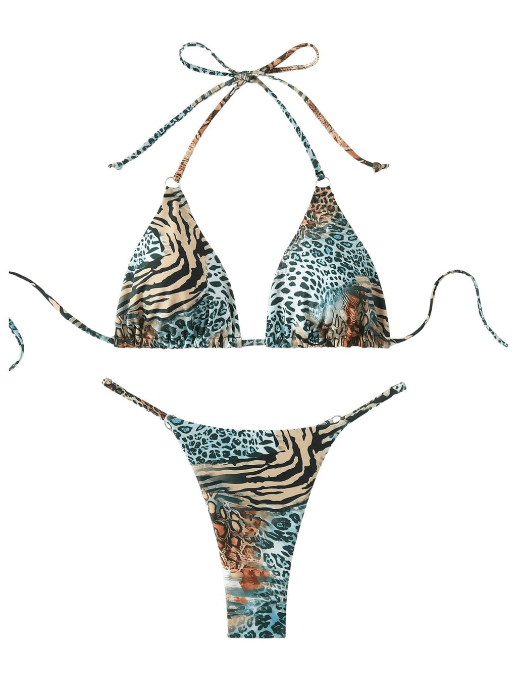 WDIRARA Women's Leopard Zebra Print Bikini Set Halter Tie Side Swimsuit 2 Piece Bathing Suit Multicolor X-Small