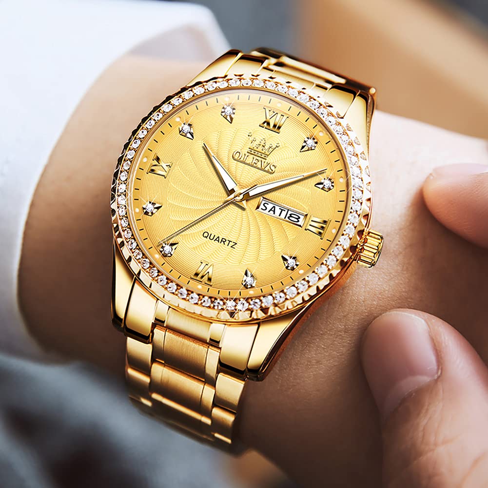 OLEVS Men Gold Watches Luxury Diamond Stainless Steel Large Watches Business Dress Waterproof Luminous Date Wrist Watch for Men