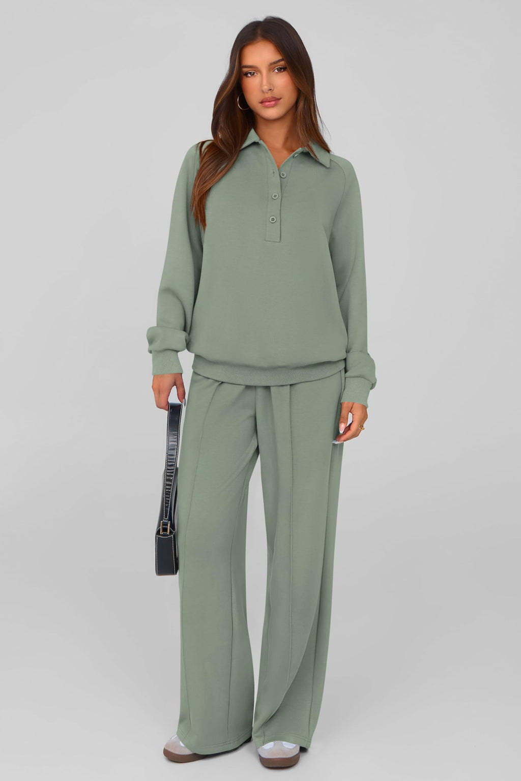 PRETTYGARDEN Women Fall 2 Piece Outfits Sweatsuits Quarter Button Long Sleeve Sweatshirt Wide Leg Pants Tracksuit Lounge Sets(Bean Green,Small)