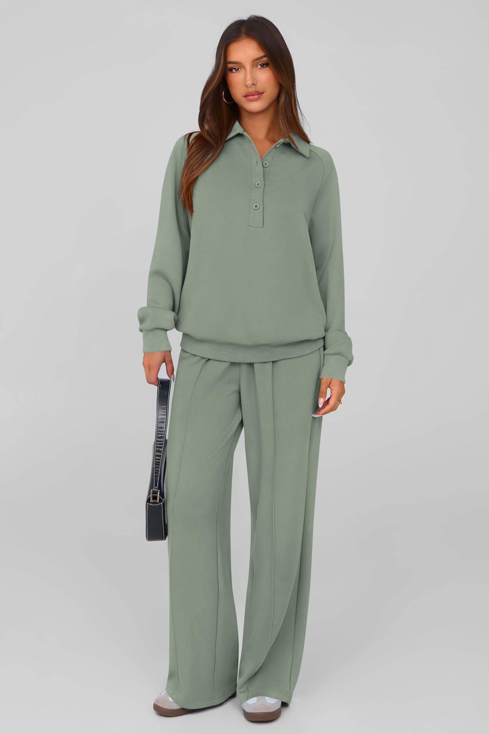 PRETTYGARDEN Women Fall 2 Piece Outfits Sweatsuits Quarter Button Long Sleeve Sweatshirt Wide Leg Pants Tracksuit Lounge Sets(Bean Green,Small)