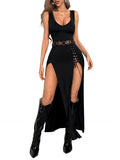 GothDark Vintage Black Goth Dress High Slit V Neck Eyelet Rope Sexy Party Club Prom Dresses