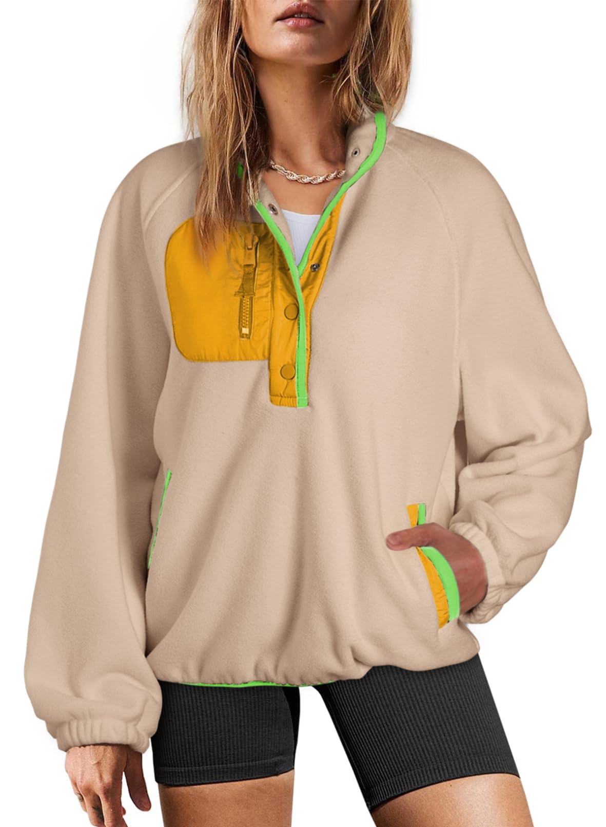 Dokotoo Womens Early Fall Fashion 2025 Fuzzy Fleece Color Block Sweatshirt Quarter Button V Neck Long Sleeve Loose Casual Cute Side Pockets Soft Pullover Sweatshirts Tops Outwear Coat Khaki Large