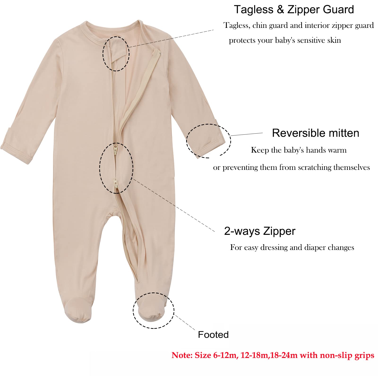 Aablexema Baby Pajamas Bamboo Rayon Zipper, 3pcs Unisex Infant Outfit with Mitten One Piece Footie Sleepwear(Beige & Pink & Purple,Newborn)