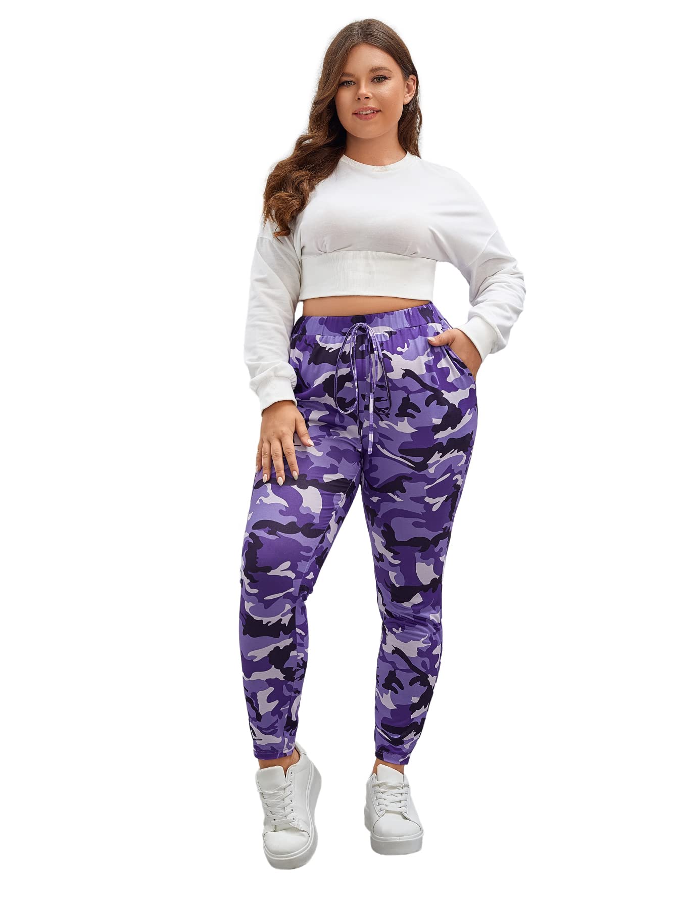 WDIRARA Women's Plus Size Camo Print Tie Front Stretch Skinny Long Pants Multicolor Purple 2XL