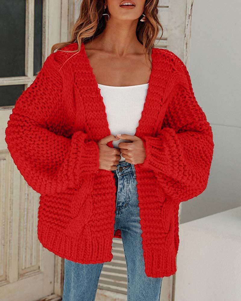 Cicy Bell Women's Open Front Chunky Knit Cardigan Loose Lantern Sleeve Oversized Sweater Coats (Red,X-Large)