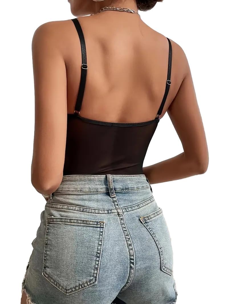Lilosy Petite Sexy Strappy Wireless Mesh Sheer Babydoll Lingerie Women Teddy Bodysuit Corset Bustier Nightgown Nightshirt See Through One Piece Black 2X-Small