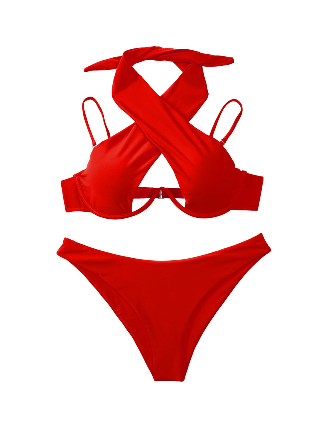 Lilosy Sexy Cute Underwire Push Up Cutout Halter Criss Cross High Cut Leg Thong Brazilian Bikini Swimsuit Set Women Cheeky Bottom Bathing Suit 2 Two Piece Bright Red Medium
