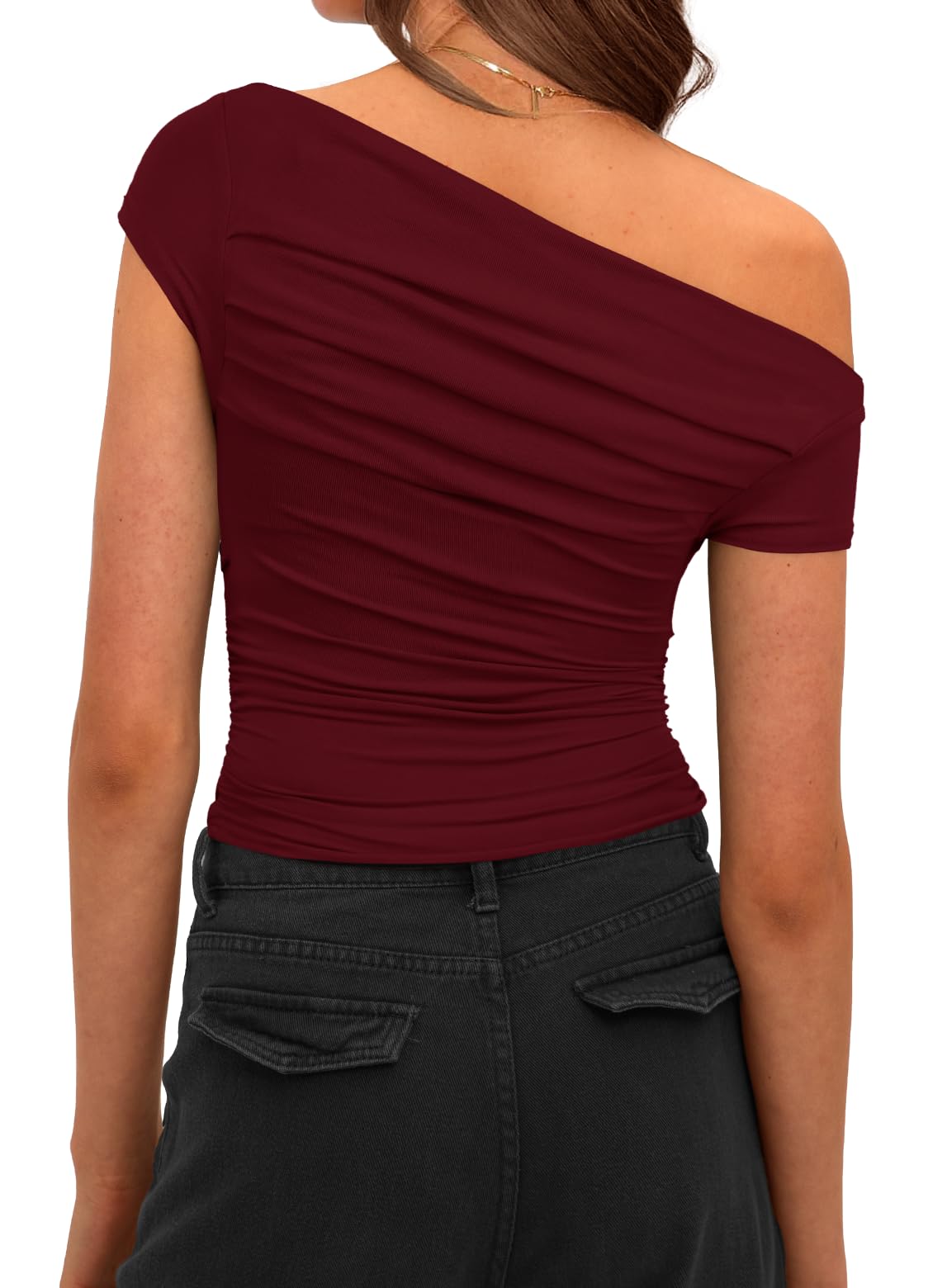Darong Women's Classic Fit Short Sleeve Boat Neck T Shirt Y2K Tight Tshirts 9048 Wine Red M