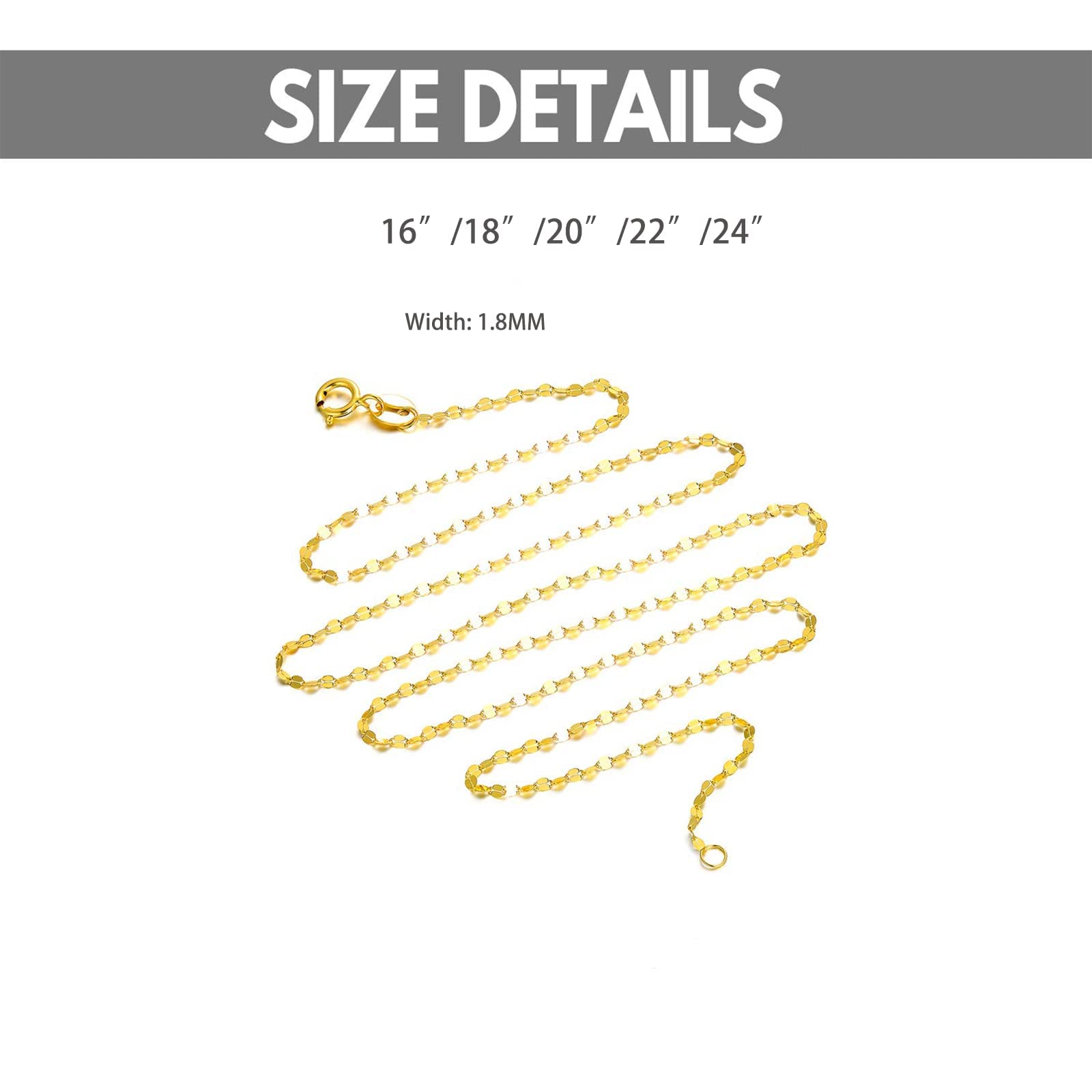 SISGEM 10K Solid Gold Mirror Chain Necklace, 1.8MM Real Yellow Gold Italian Mirror Link Chain Necklace Jewelry Gift for Women 22" (22 Inches)