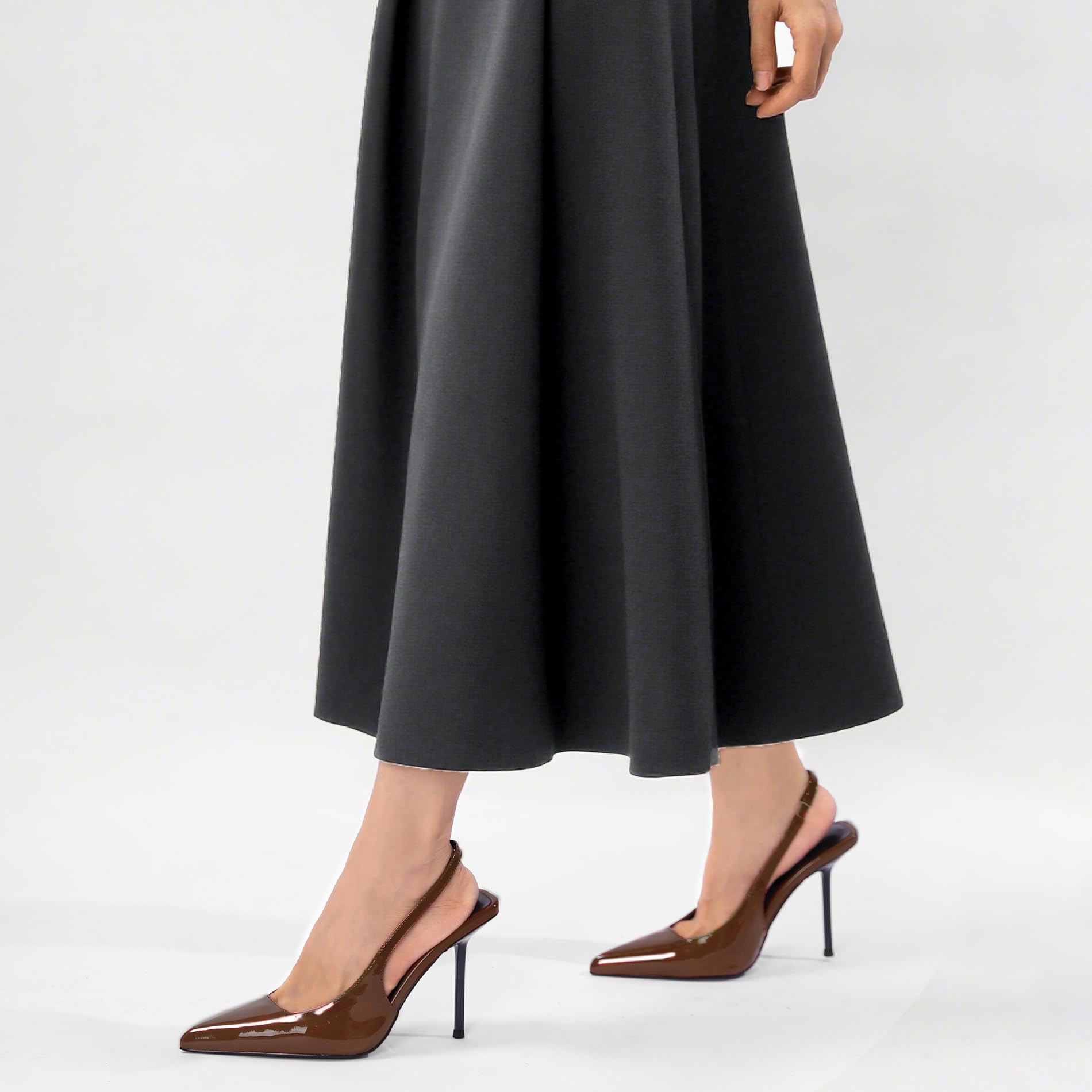 Women's Slingback Stiletto High Heels Pointed Toe Slip On Pumps Shoes Patent Leather Stretch Strap Backless Dress Heels Chocolate