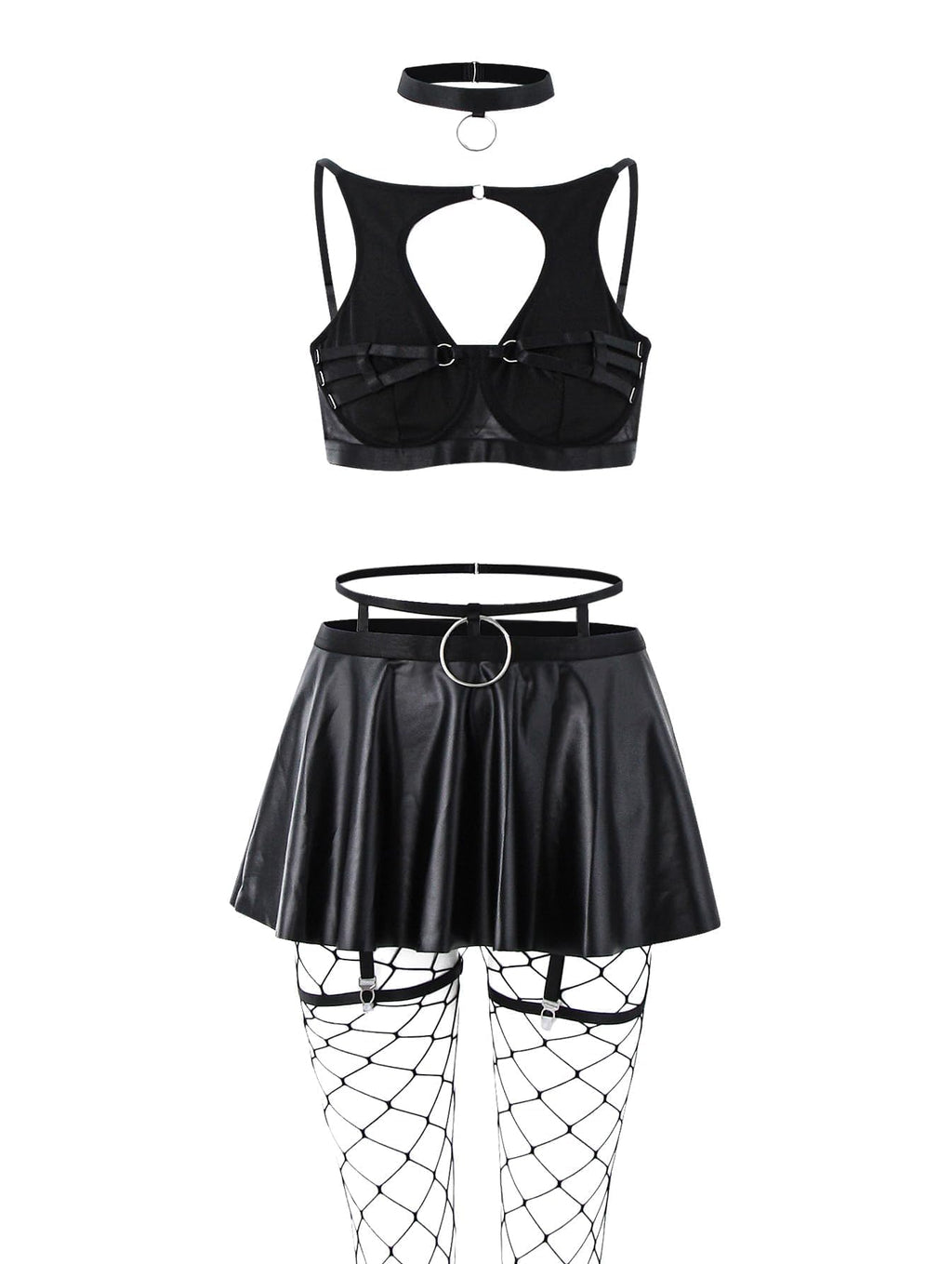 Lilosy Petite Sexy Fishnet Stocking Chocker Strappy Underwire O Ring Push Up Garter Belt Women Lingerie Set Latex Harness Cutout Rave Outfit Bra Panty Skirt 5 Piece Black 3X-Small