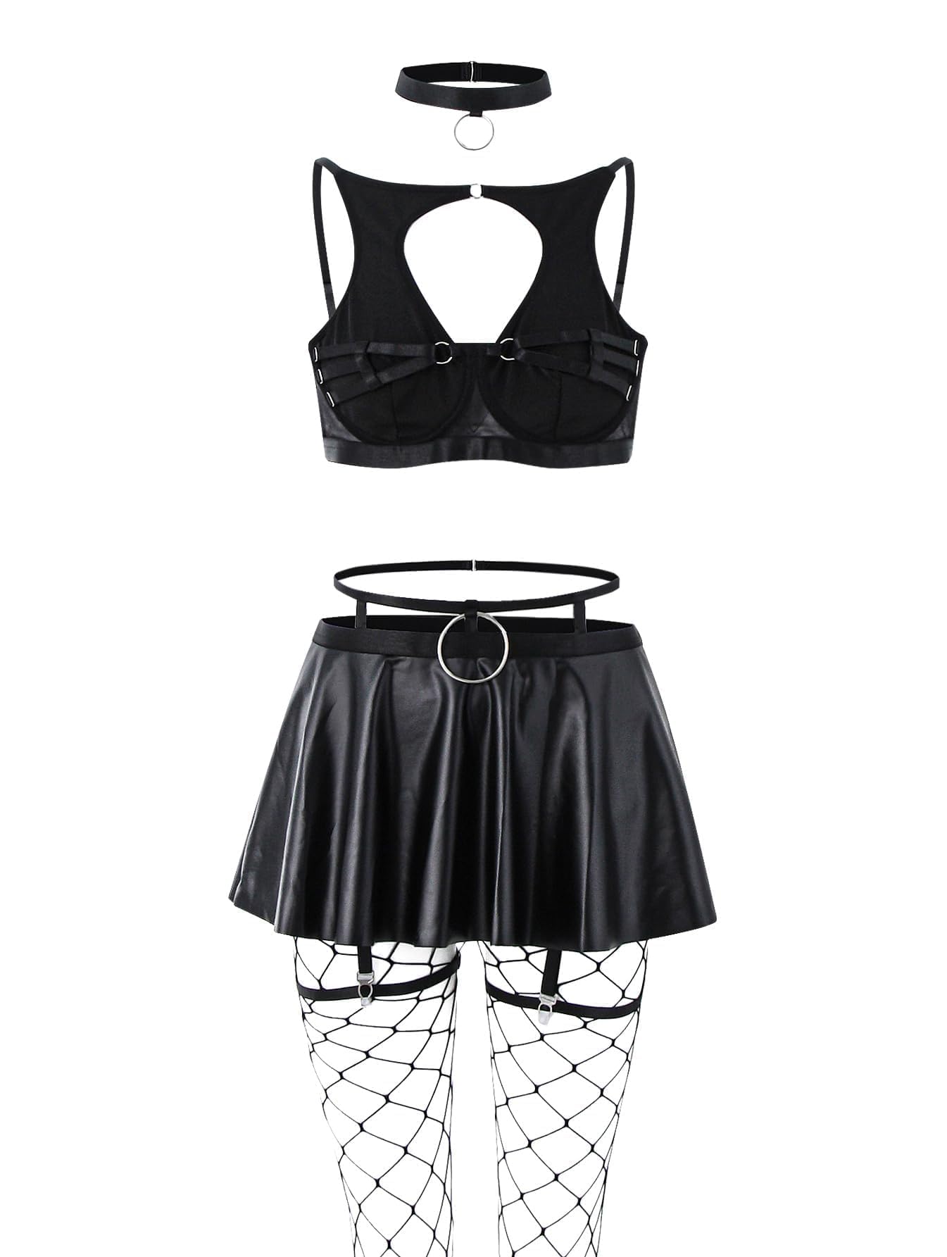 Lilosy Petite Sexy Fishnet Stocking Chocker Strappy Underwire O Ring Push Up Garter Belt Women Lingerie Set Latex Harness Cutout Rave Outfit Bra Panty Skirt 5 Piece Black 3X-Small