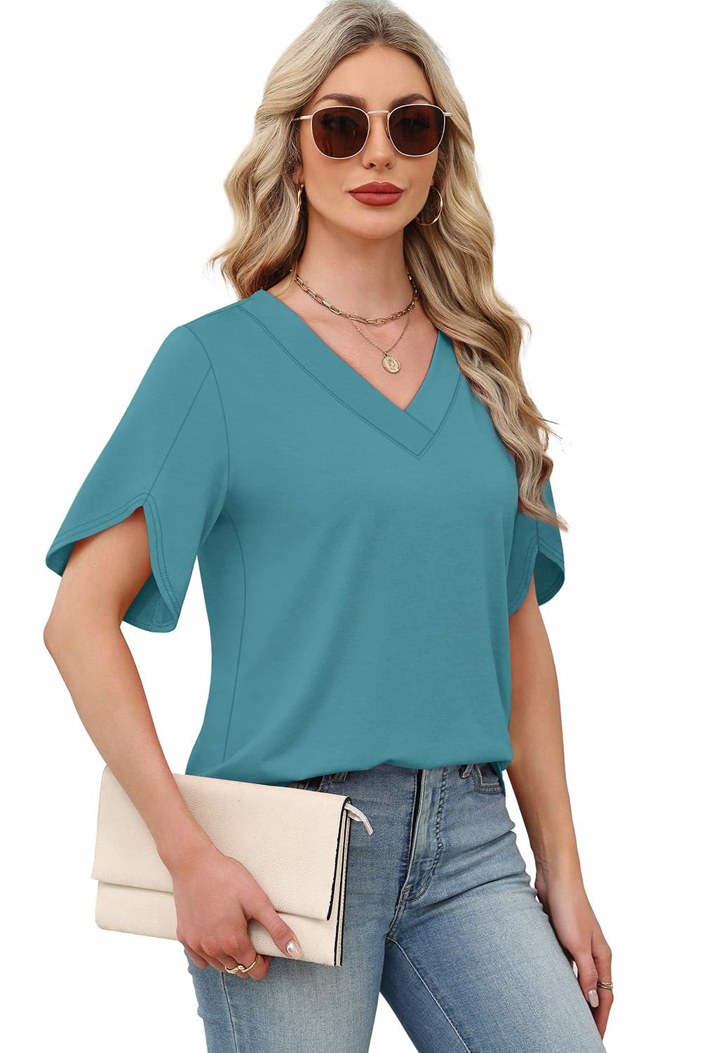 WIHOLL Womens Summer Tops Plus Size 2026 Short Sleeve Shirts Date Outfits Loose Fit Blouses for Women Dressy Casual Fashion Clothes Beach Vacation Traval Outfits Blue 3XL