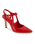 Coutgo Womens High Heels Pointed Toe Ankle Strap Pumps Patent Leather Sexy Stiletto Office Wedding Dress Shoes, Red, Size 8