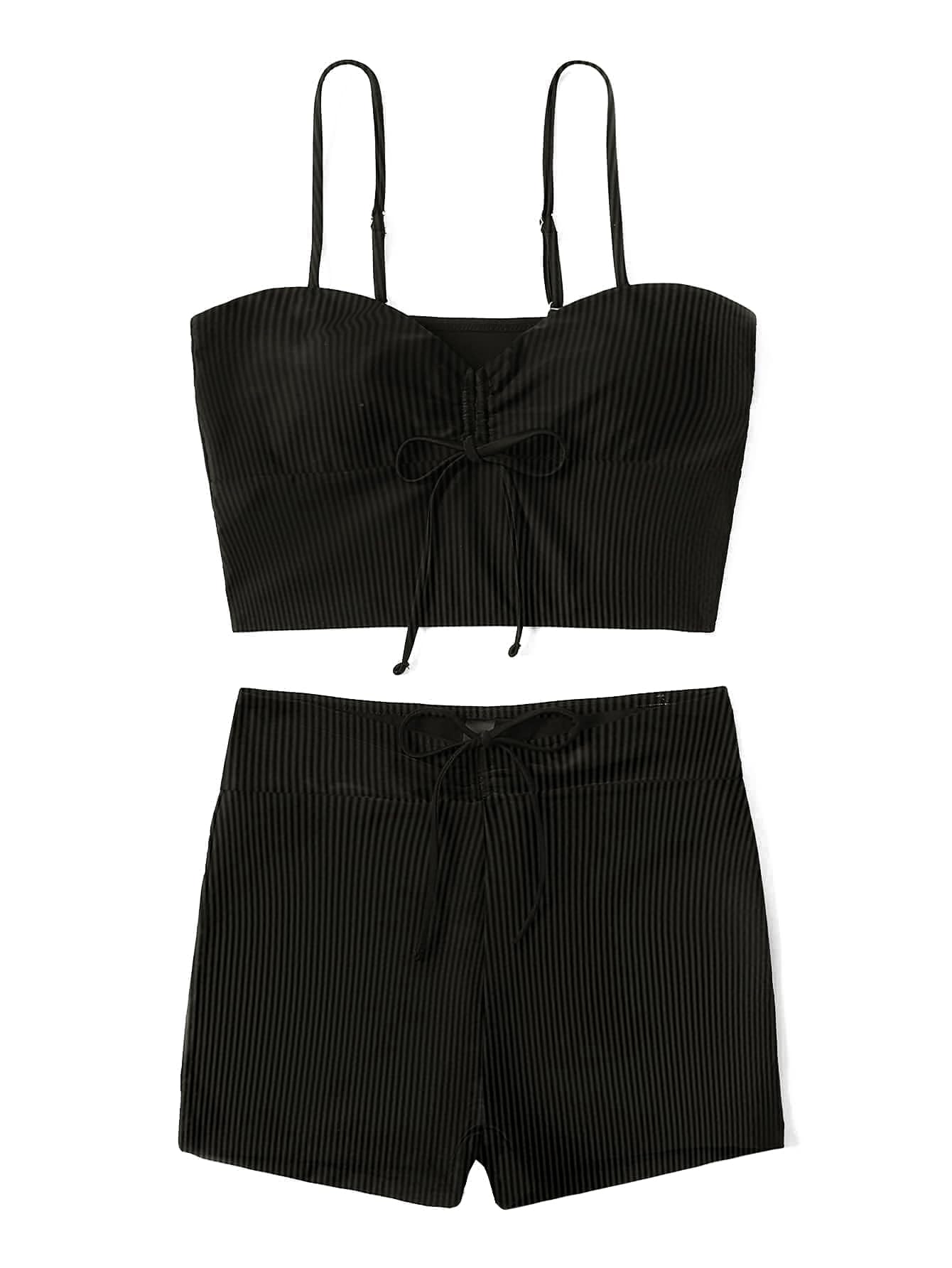 Lilosy Tummy Control Drawstring High Waisted Bikini Set String Swimsuit Spaghetti Strap Cami Top and Tie Side Shorts 2 Piece Women Bathing Suit Pinstripe Black Small