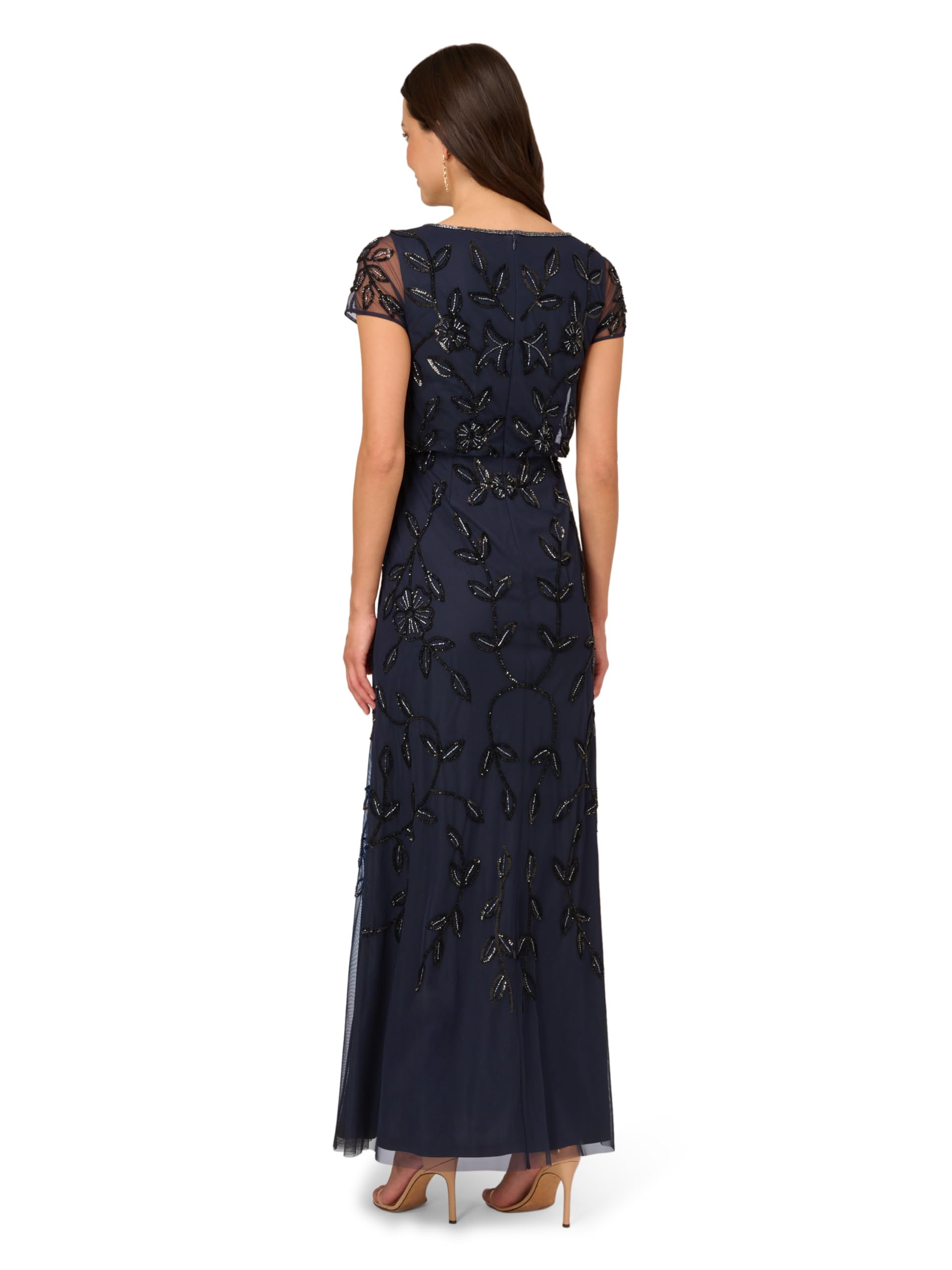 Adrianna Papell Women's Blouson Beaded Long Dress | Formal Beaded Dress with Bloused Bodice & Floral Embellishments