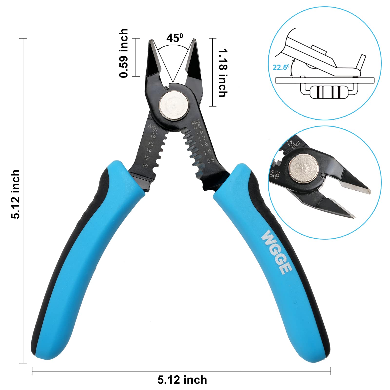 WGGE Wire Cutters Precision Flush Pliers with Supplementary Stripping, Cutting Pliers, Handy and Slim Diagonal Cutters, Ultra Sharp Wire Cutter, 10-20AWG wire stripper (6 inch)