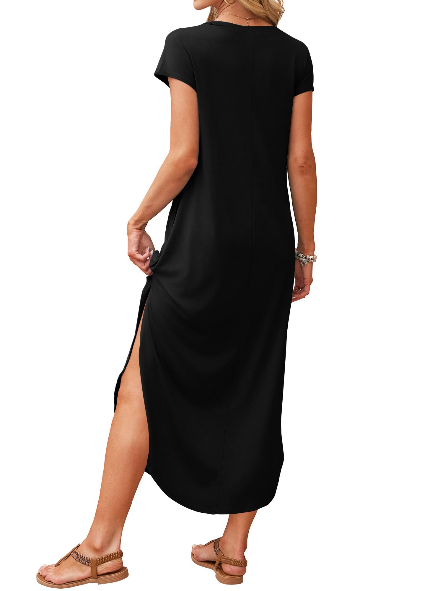 RUMIA Summer Casual Maxi Dresses for Women- Women's V Neck Cap Sleeve Long Sundress with Pockets Beach Vacation Black