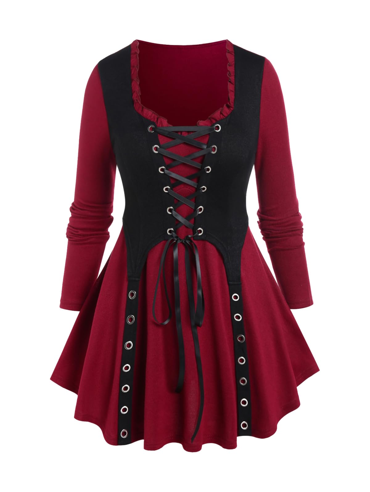 ROSE GAL Rosegal Women Plus Size Steampunk Victorian Gothic Grommet Lace-up Corset Bustier Renaissance Top Long Sleeves Underbust T-shirt(Red_1/L)