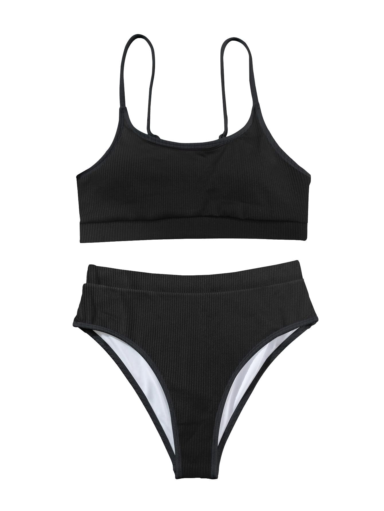 Lilosy Petite High Waisted Tummy Control Bikini Ribbed Sporty Brazilian Swimsuit Set Women Highwaisted Cheeky Cut Leg Rise Bottom Crop Push Up Top 2 Piece Bathing Suit Black X-Small