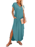 RUMIA Summer Casual Maxi Dresses for Women- Women's V Neck Cap Sleeve Long Sundress with Pockets Beach Vacation Turquoise
