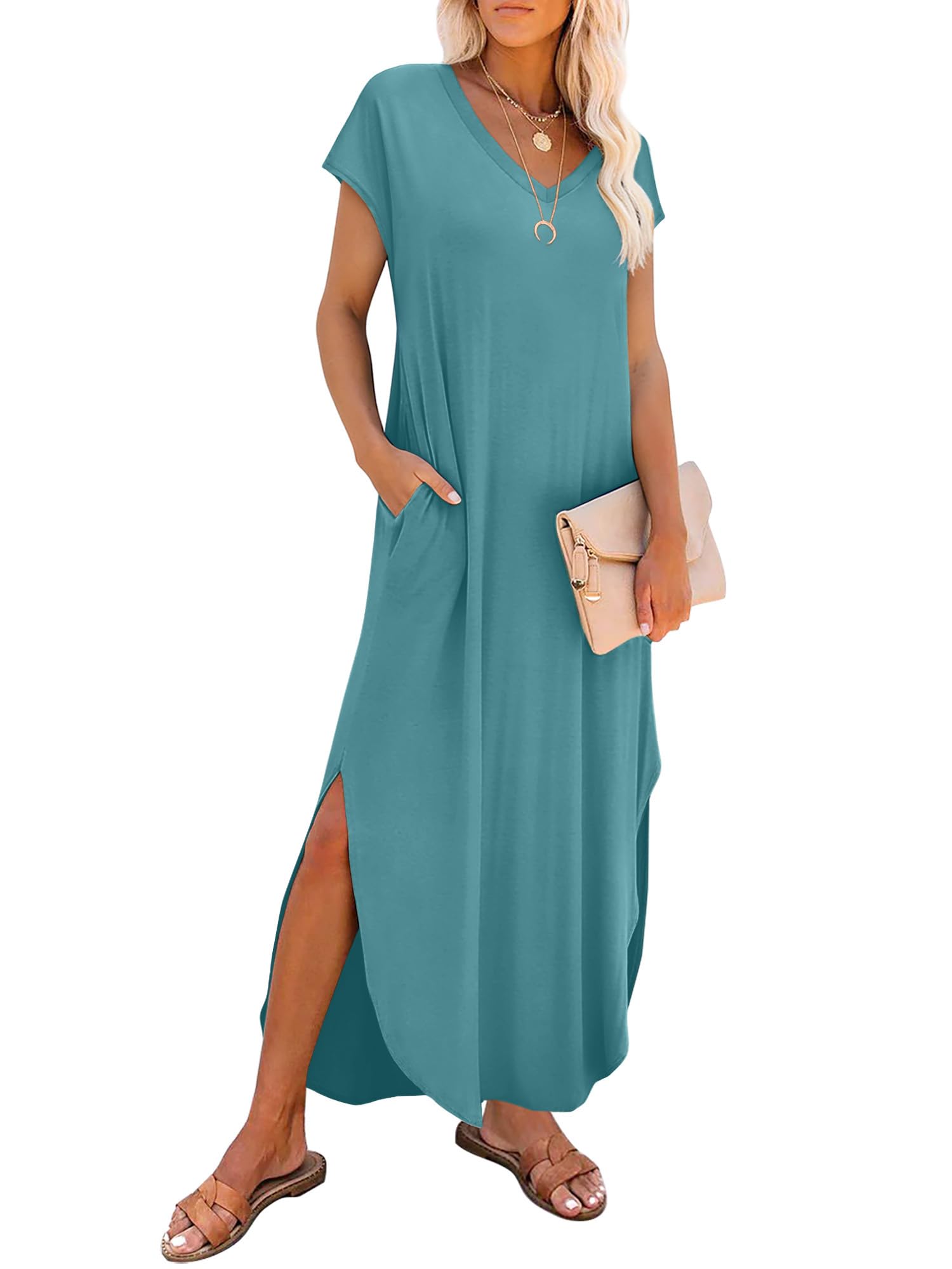 RUMIA Summer Casual Maxi Dresses for Women- Women's V Neck Cap Sleeve Long Sundress with Pockets Beach Vacation Turquoise