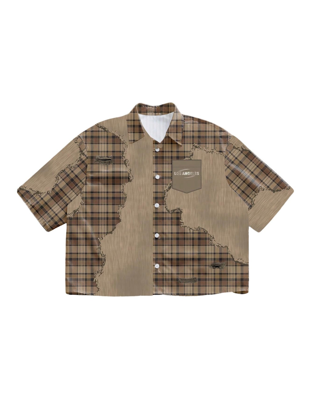VIPWOLF Men's Cropped Shirts Gingham Plaid Button Up Oversized Colorblock Short Sleeve Crop Tees Streetwear Brown Plaid Large
