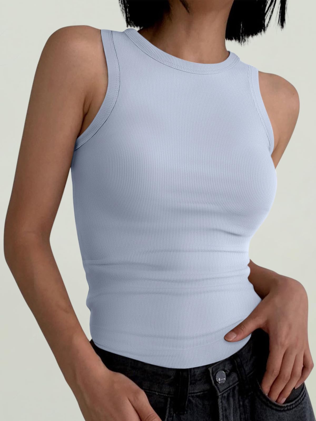 ANRABESS Womens Sleeveless High Neck Tank Tops Fashion Summer Casual Basic Slim Fit Ribbed Racerback Top Shirt Clothes Blue-M