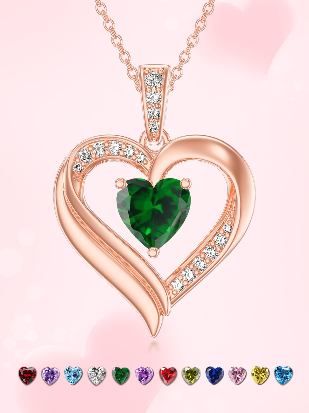 KQ&TTENG Necklace for Women Rose Gold Heart Emerald Pendant May Birthstone Necklace Jewellery Birthday Gifts for Wife Mother Her
