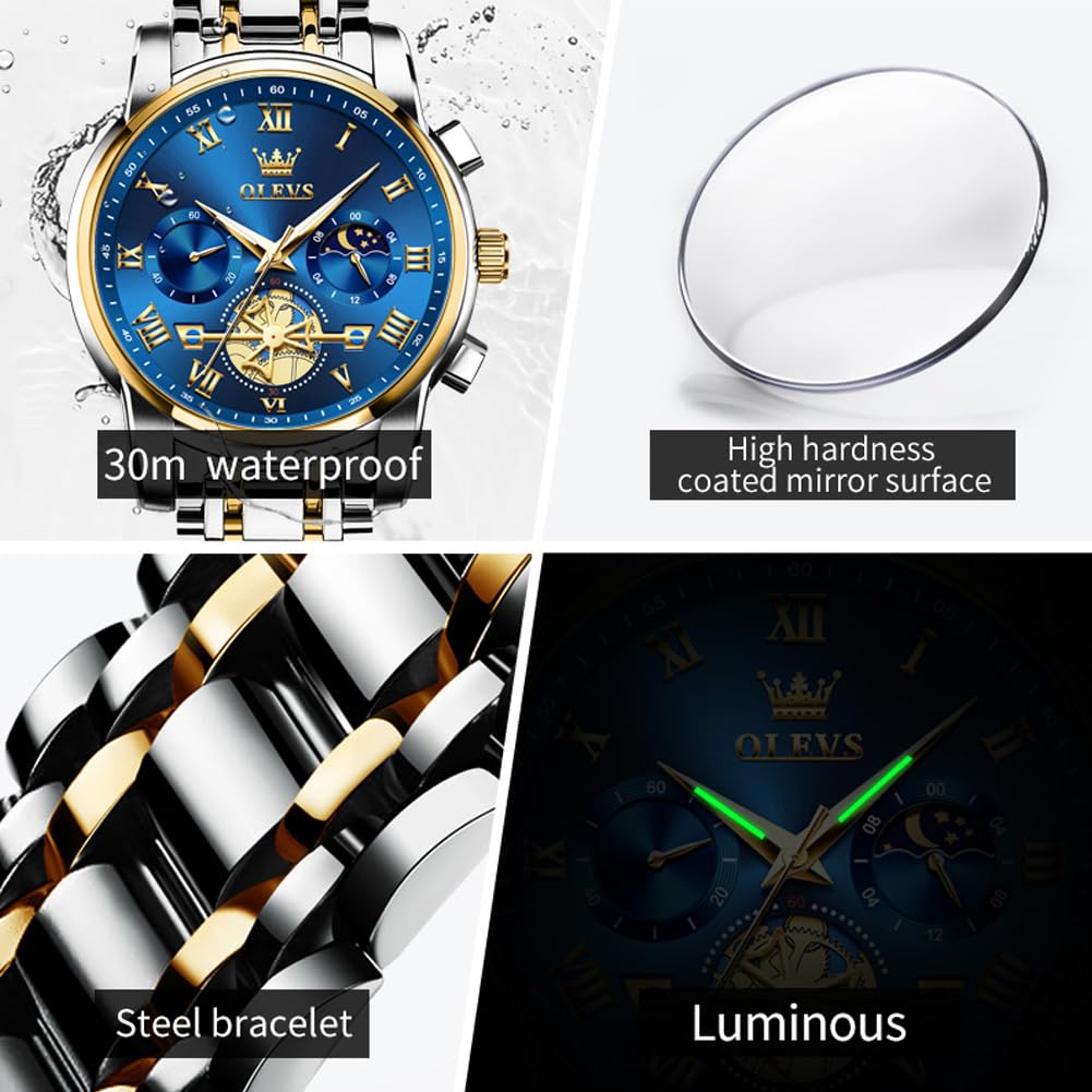 OLEVS Watch Men Original Watches for Mens Luxury Dress Business Fashion Waterproof Watch Water Resistant Roman Numbers Chronograph Stainless Steel Metal Adjustable Large Blue Faces Casual Analog Watches