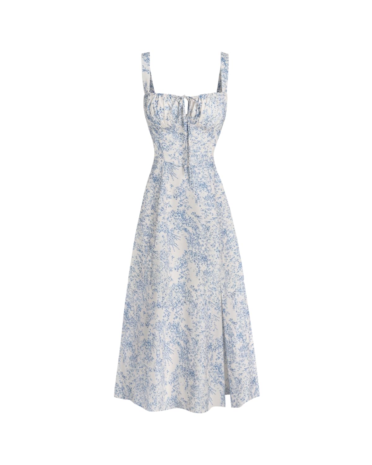 Women Summer Dresses Vintage Square Neck Adjustable Bust Floral Dress Short Sleeve A-Line Midi Dress Blue Floral M