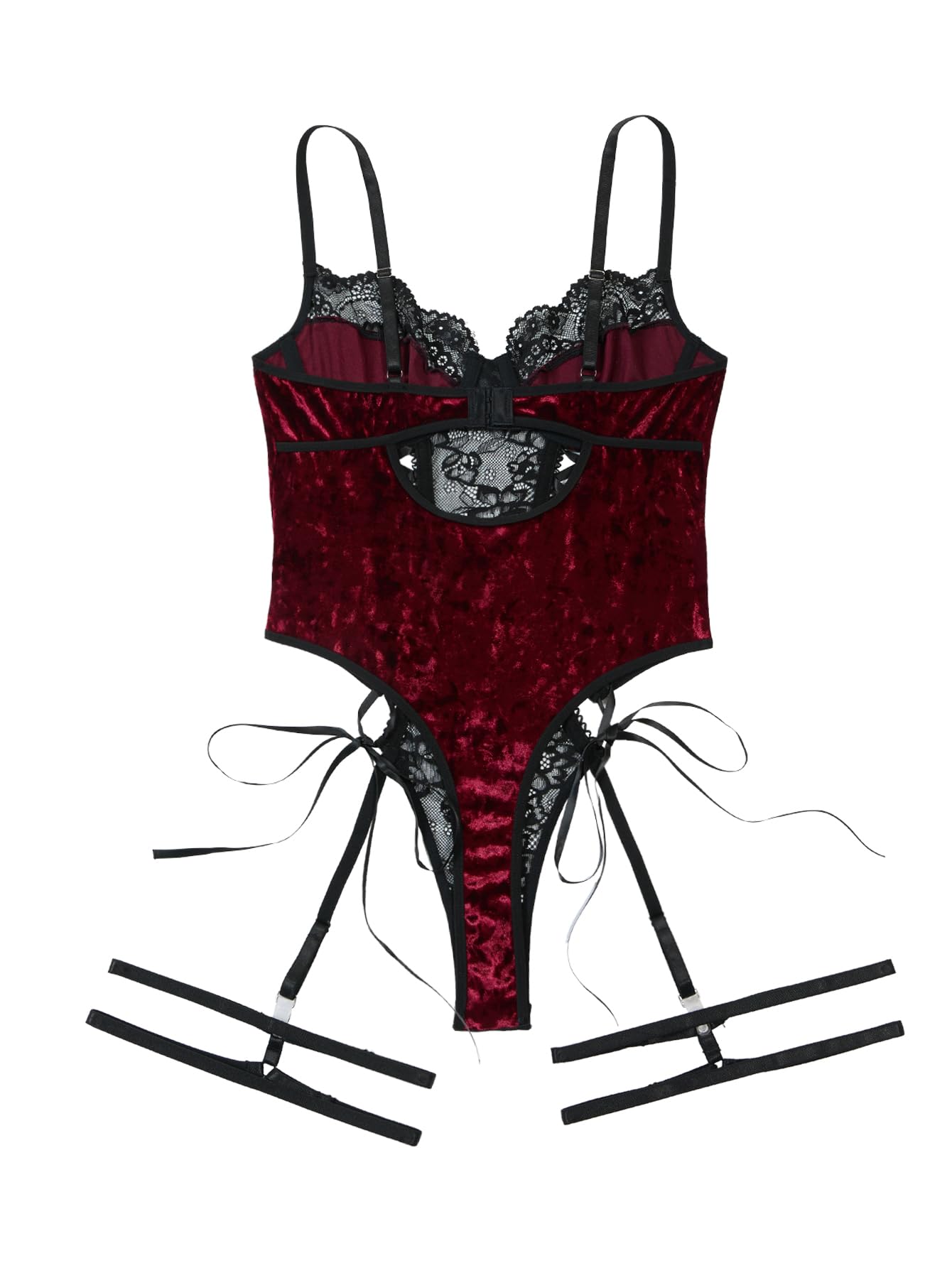Lilosy Petite Sexy Lace Up Floral Garter Underwire Teddy Bodysuit Lingerie Belt Women Top One Piece Red Velvet 2X-Small