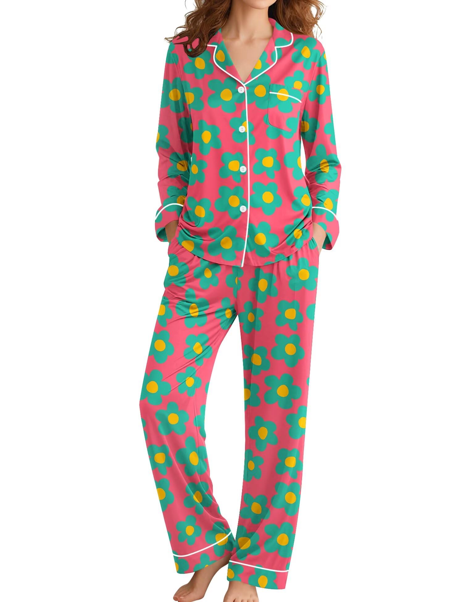 SWOMOG Pajamas Women's Long Sleeve Sleepwear Soft Button Down Loungewear Pjs Set Nightwear S-XXL Rose Blue Flower