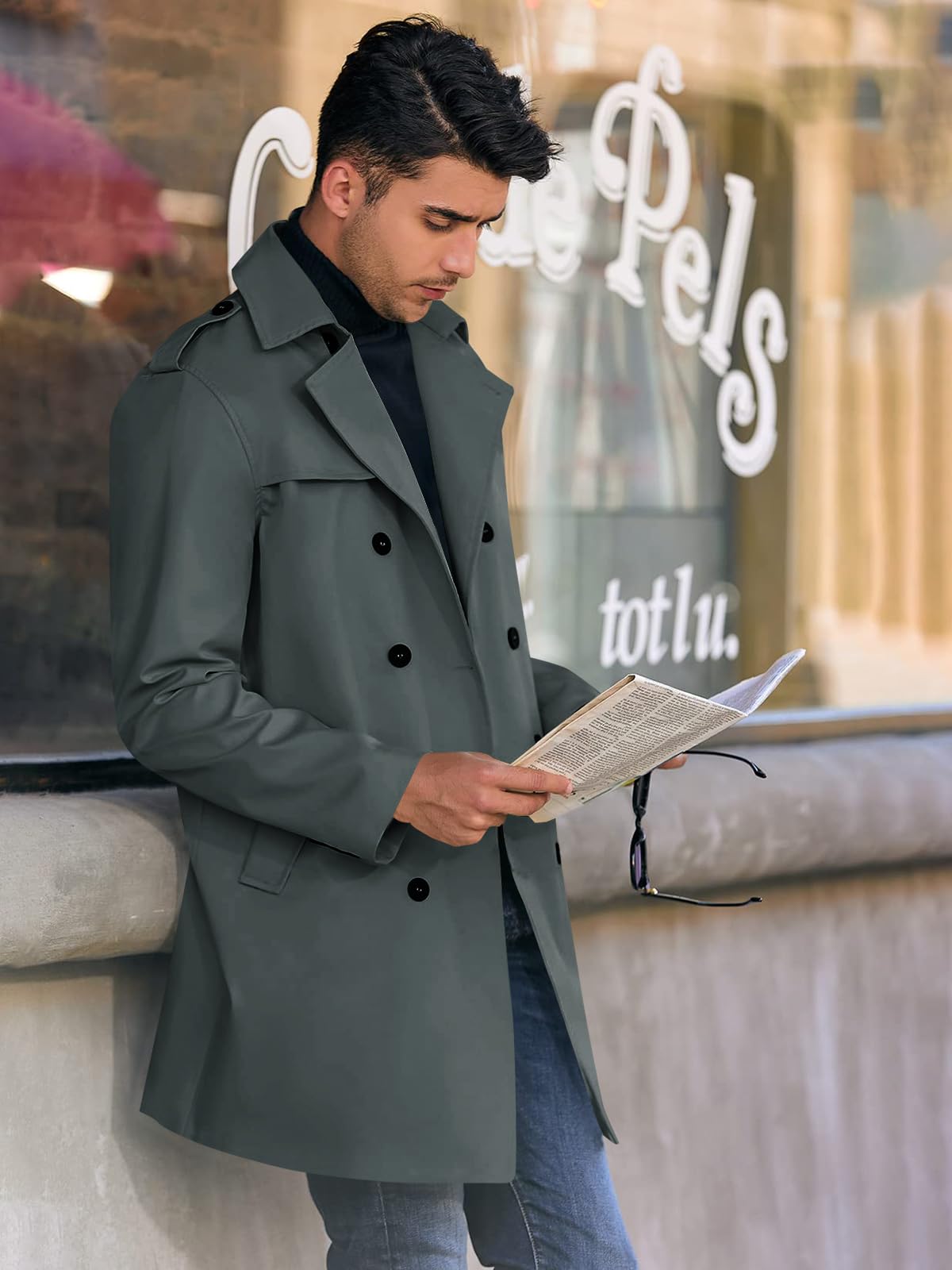 PASLTER Mens Trench Coat Notched Lapel Double Breasted Long Jacket Windbreaker Overcoat Pea Coat