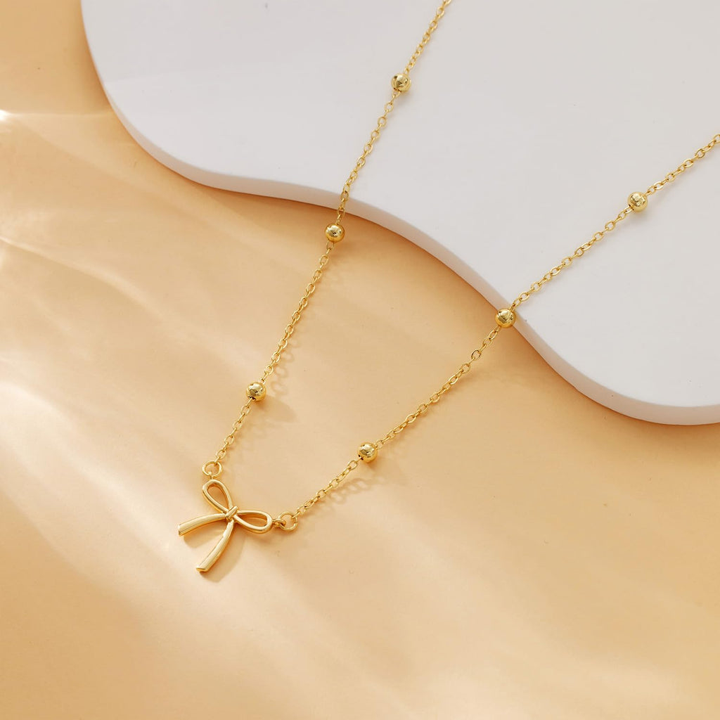 Thaivor Stocking Stuffers Necklace for Women Dainty Bow Necklace 14K Gold Plated Cute Choker Small Pendant Charm Necklaces Teen Gift Trendy Stuff Personalized Jewelry Christmas Gifts