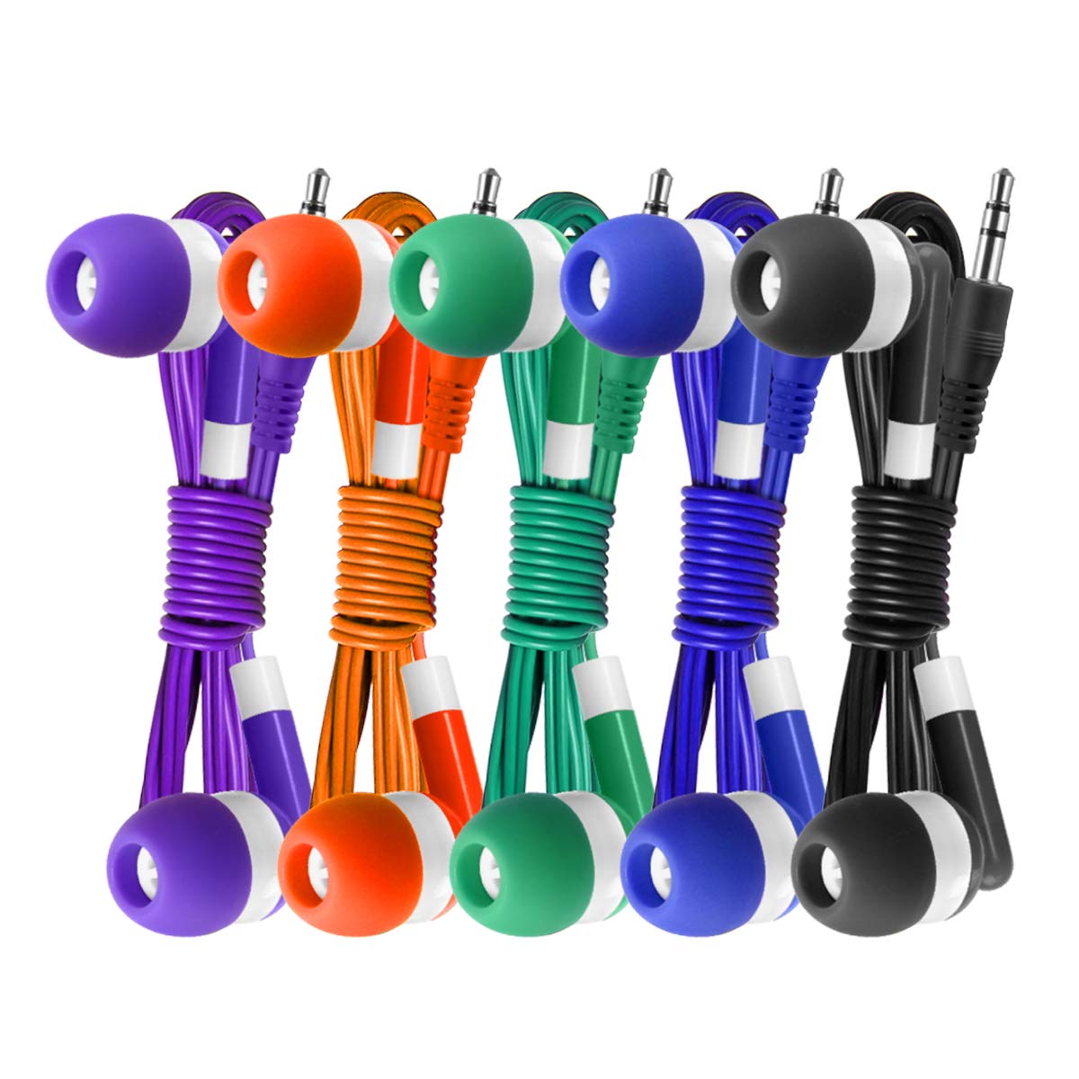 Keewonda 30 Pack Multi Color Earbuds for Kids, In-Ear, Wired, 5 Colors (Black, Blue, Orange, Green, Purple), Compatible with iPads/Mac/PC/Chromebook/Fitness & Audio Equipments