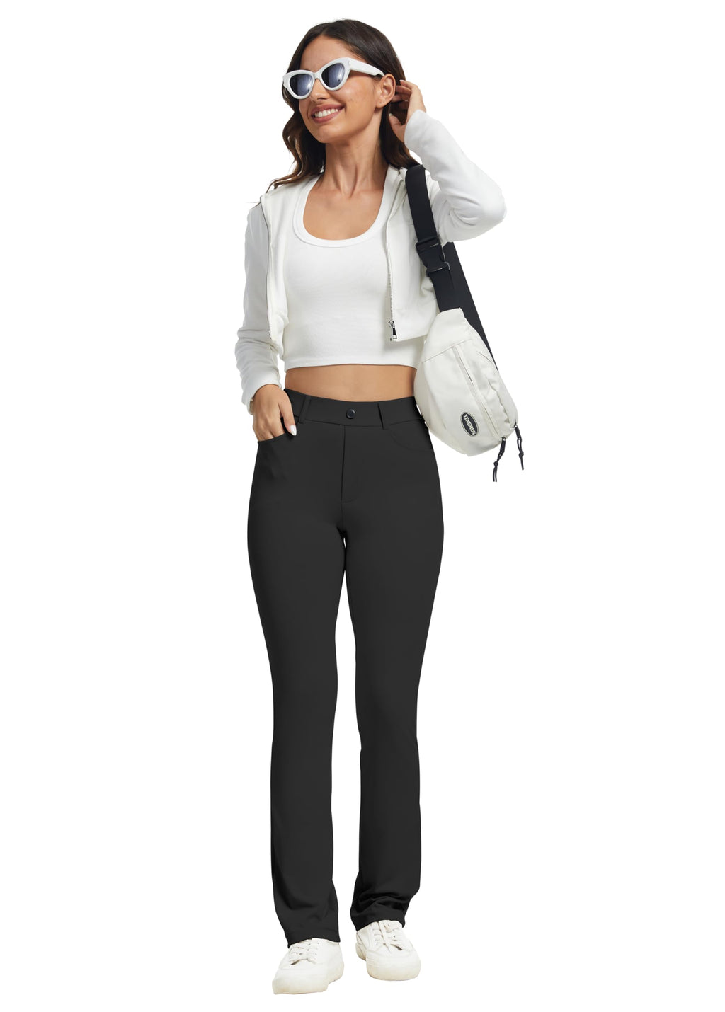 VIMPEP Yoga Pants Women Straight Leg Pants with Pockets High Waist Stretchy Pull On Dress Slacks for Casual Lounge Office Work Petite/Regular 1202 31 Black L
