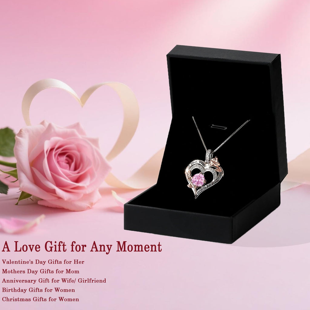 Rose Birthstone Heart Necklaces for Women S925 Sterling Silver I Love You Jewelry Gift for Women Birthday Wedding Anniversary, Mother’s Day Gifts for Mom, Mother, Wife, Girlfriend with Birthstone Pendent Necklace (10-White Gold-Oct)