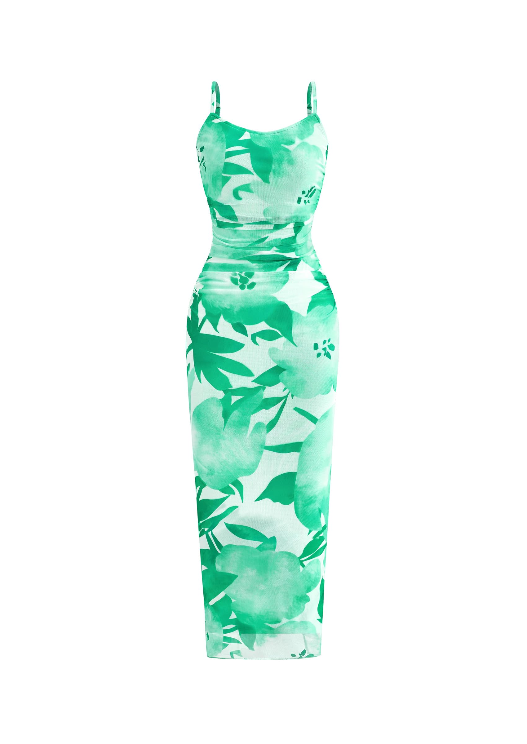 PRETTYGARDEN Summer Wedding Guest Dresses for Women 2026 Spaghetti Strap Mesh Bodycon Beach Vacation Floral Maxi Long Dresses (Floral White Light Green,X-Large)
