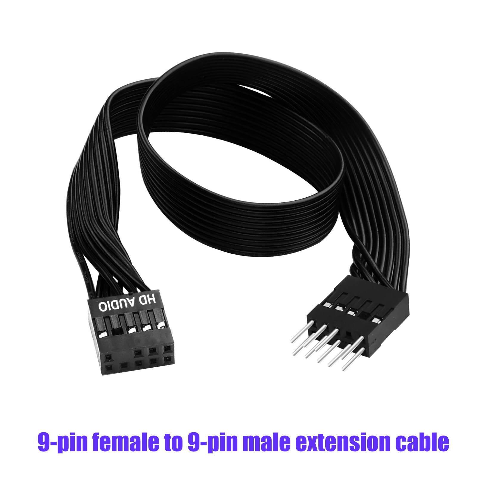 ELFJMZP 30cm PC Motherboard Front Audio Extension Cable - Male to Female, Black Ribbon, HD Audio 9PIN Connector, 24AWG Tinned Copper - Ideal for ATX Front Audio Extension & Neat Cable Management
