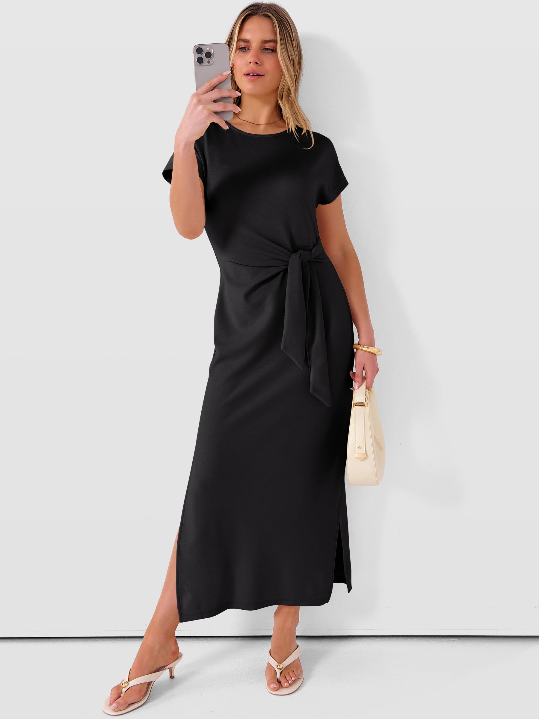 ANRABESS Womens Summer Maxi Dress Casual Crew Neck Tie Waist Split Wrinkle-Free Fit Long Fashion Vacation Dresses 2026 Spring Black Large