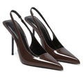 Women's Slingback Stiletto High Heels Pointed Toe Slip On Pumps Shoes Patent Leather Stretch Strap Backless Dress Heels Chocolate