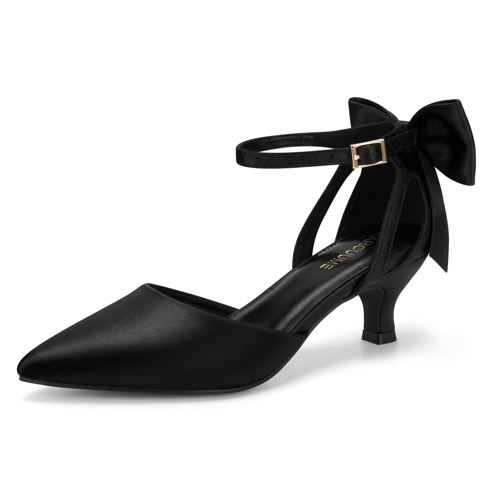 Carcuume Women's Kitten Heels with Bow Closed Toe Pumps Ankle Strap Wedding Shoes, Beni-Black Satin-8