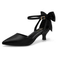Carcuume Women's Kitten Heels with Bow Closed Toe Pumps Ankle Strap Wedding Shoes, Beni-Black Satin-8
