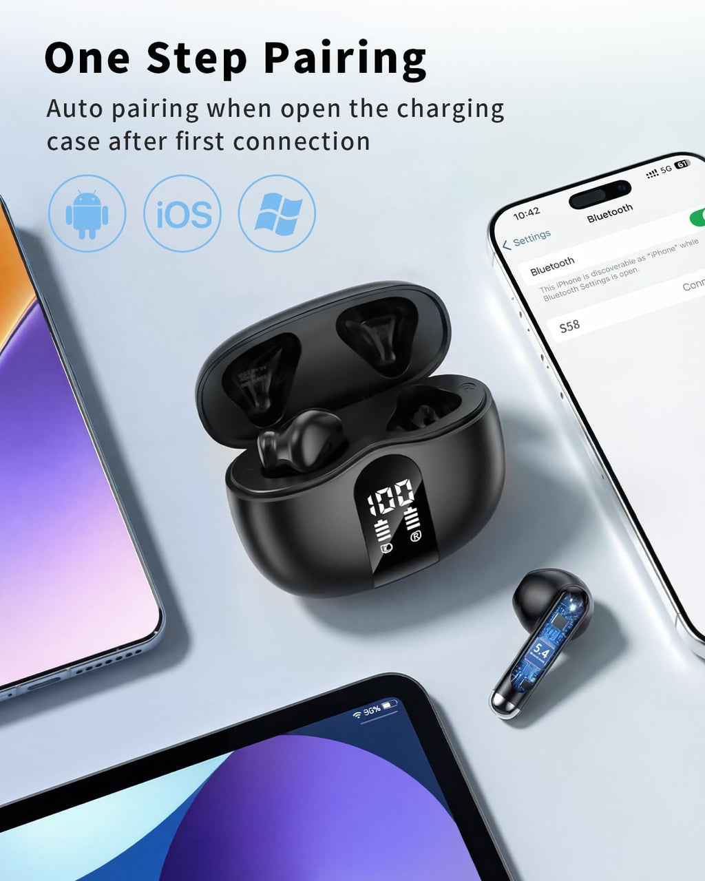 Wireless Earbuds, Bluetooth 5.4 Headphones HiFi Stereo, Ear Buds with 50H Playback, LED Display Wireless Earphones Clear Calls, IP7 Waterproof, Bluetooth Earbuds for Laptop/Phones/Sports, Black