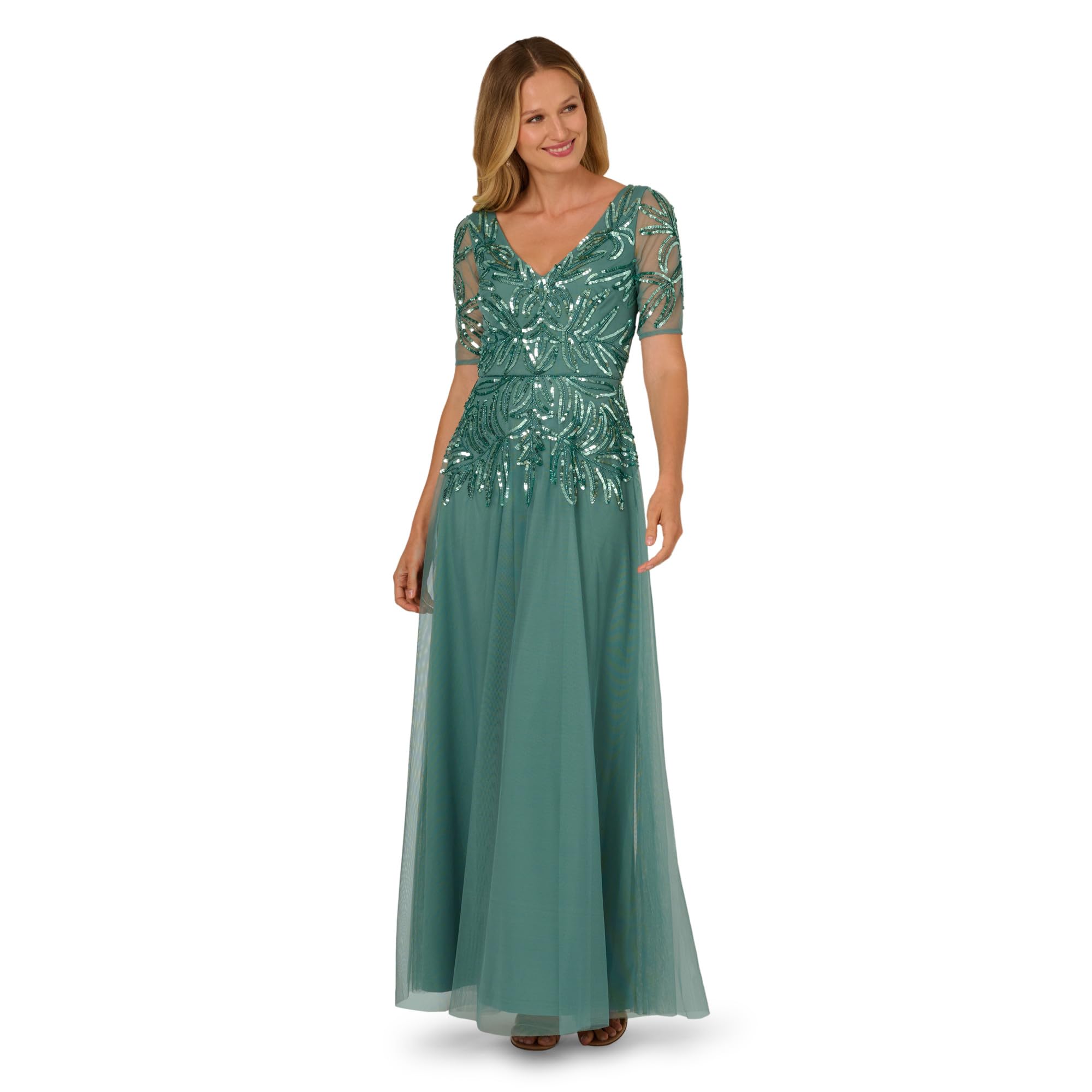 Adrianna Papell Beaded Mesh Long Dress, Green Slate, 4