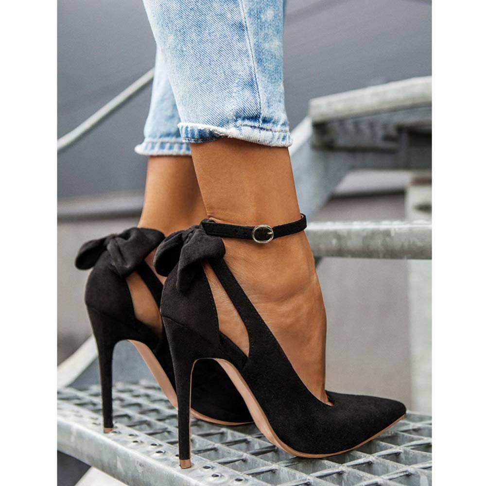 Fashare Womens High Heels Pointed Toe Bowtie Back Ankle Buckle Strap Wedding Evening Party Dress Pumps Shoes A-Black