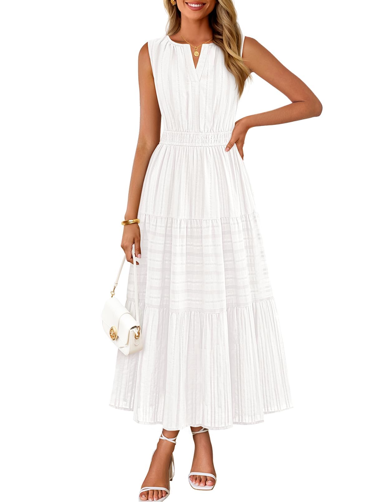 MEROKEETY Summer Spring Midi Maxi Dress for Women 2026 Casual Beach Vacation Sleeveless Boho V Neck Cotton Long Dresses Pockets, White, Small