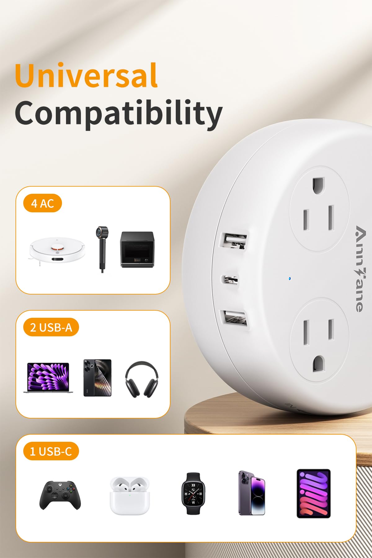 European Travel Plug Adapter - Retractable Power Strip with 4 AC Outlets & 3 USB Ports (USB-C), Type C Adapter for US to Most of Europe Iceland Spain Italy France Germany and More (White)