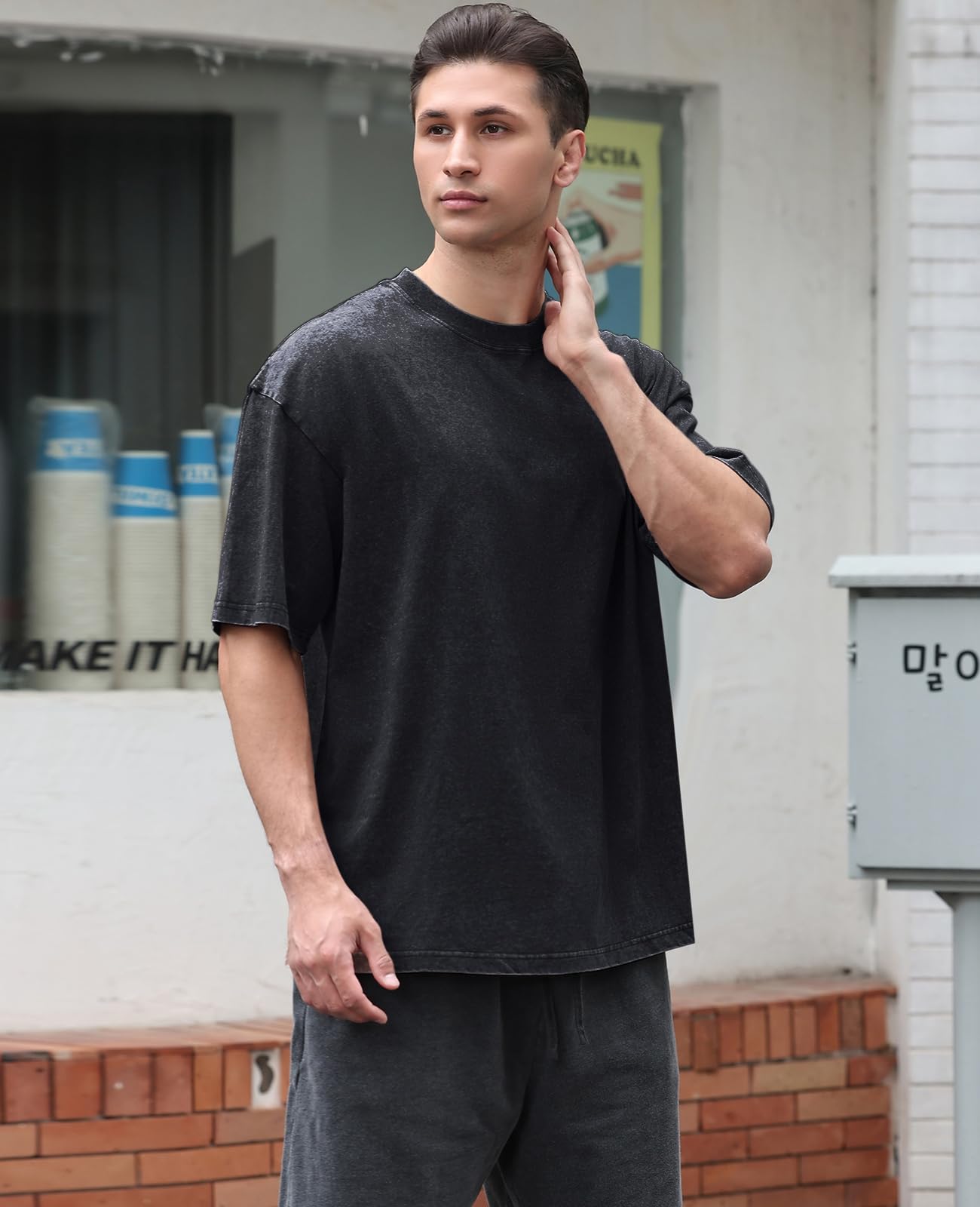 3 Pcs Oversized Heavy Cotton Summer T-Shirts Vintage Unisex Short Sleeves Casual Loose Basic Tops(A-Coffee+Grey+Black L)
